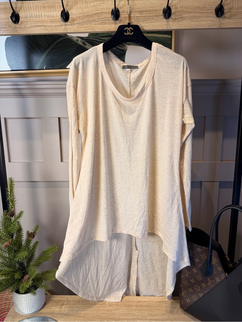 Sleeve Top asymmetrical thermal oversized high low hem tunic top in cream XL